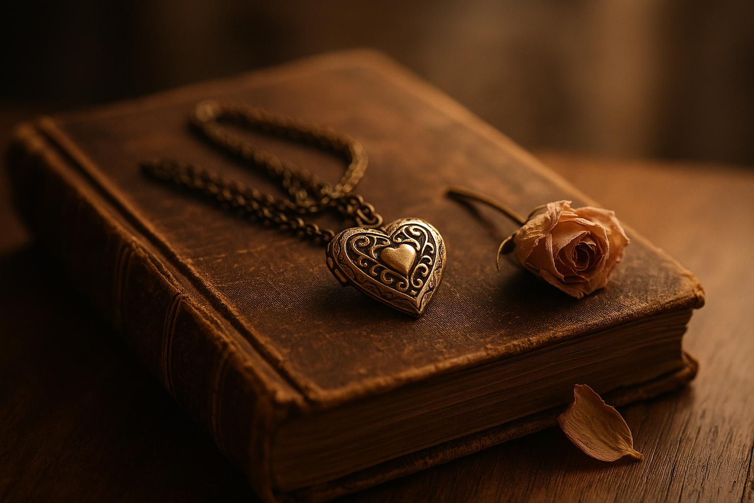 A vintage heart-shaped locket rests on an old hardcover book beside a wilted pink rose, softly lit in a nostalgic and emotional scene.