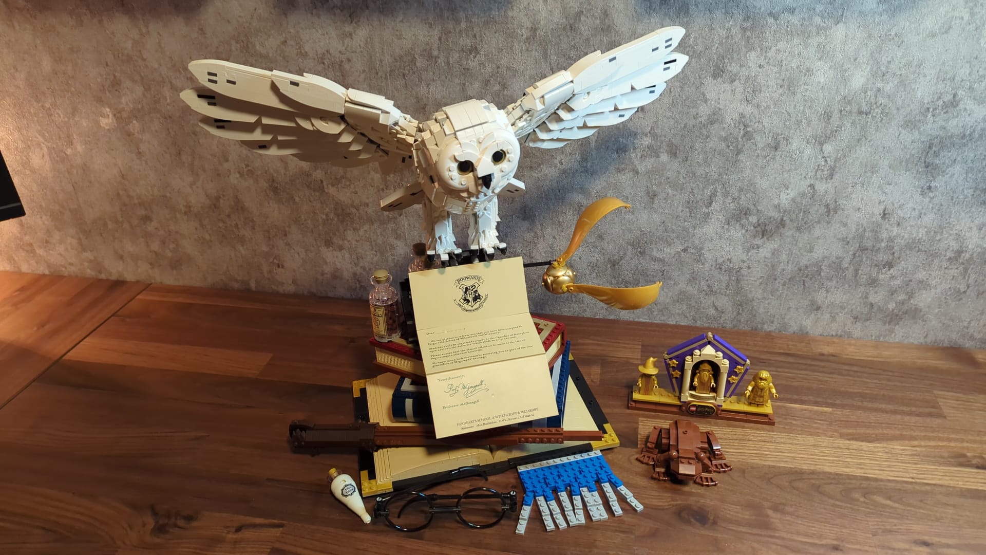 "Harry Potter's owl Hedwig perched on some books"