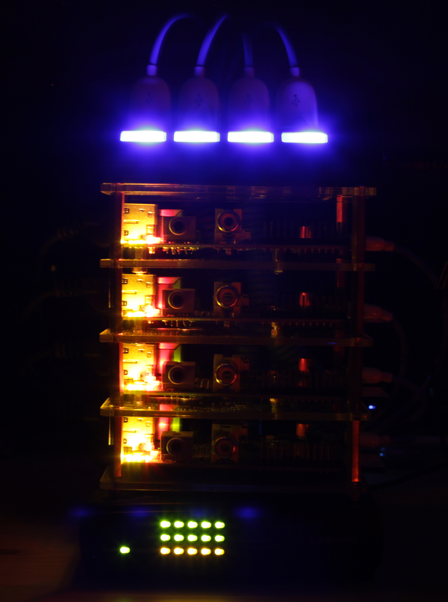 picture of 4 Raspberry pi's stacked on a network switch serving as a cluster