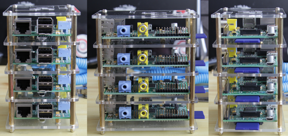 Assembled tower of pis a picture of the front, back and side of the tower of pis