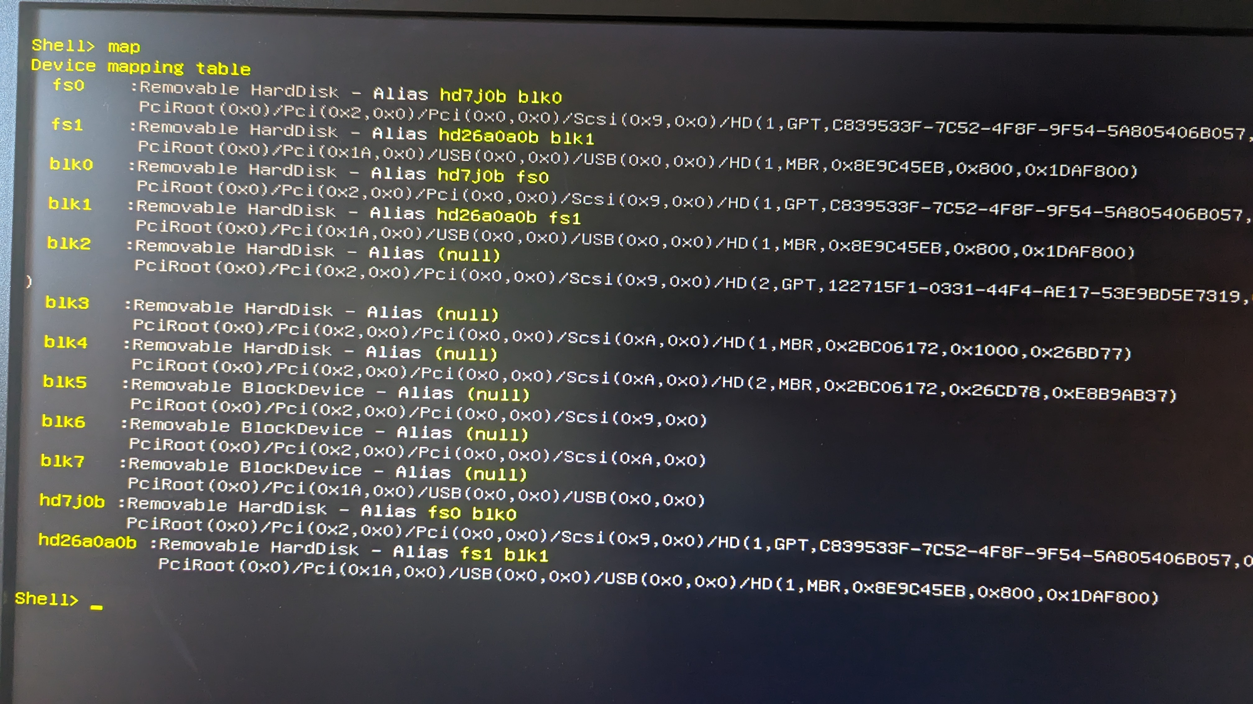 a list of devices note that `fs1` is my flash drive A list of devices in the EFI shell