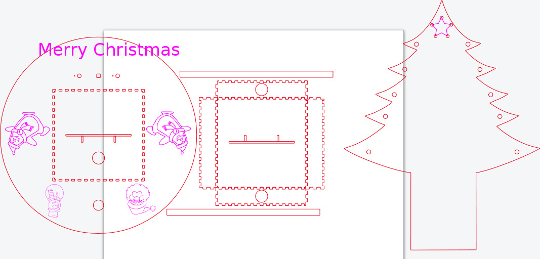 Designs for the laser cutter, from left to right: a circular base plate with snow characters. A foldable box cutout and a tree shape