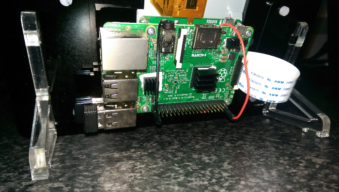 don't mind the wires! "A picture of the pi bolted to the screen assembly"