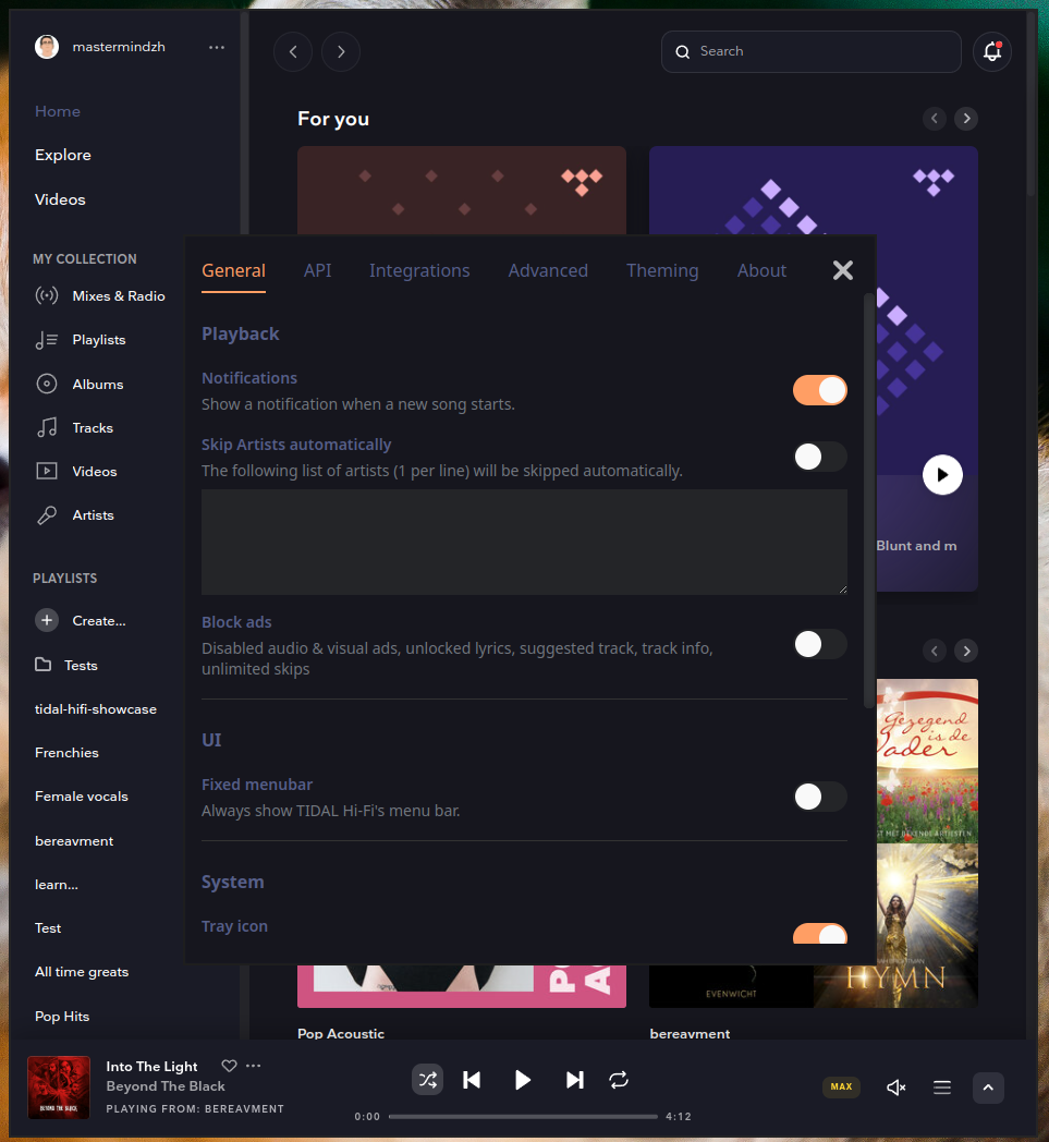 Tokyo Night theme on settings window