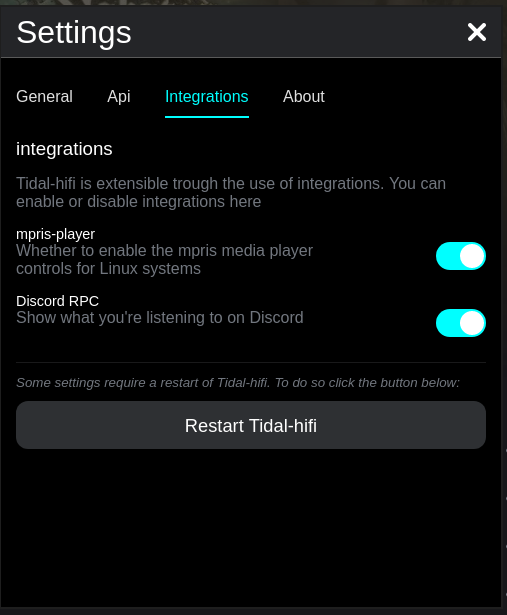 integrations menu, showing a list of integrations