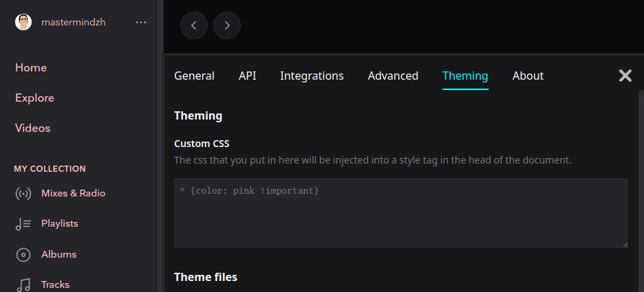 settings window on the theming tab with a custom CSS override